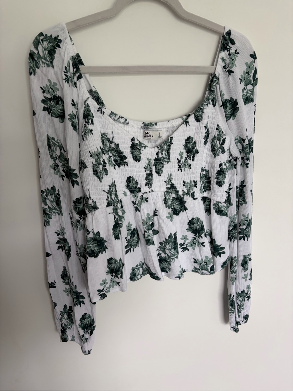 Hollister Long-Sleeve Floral Smocked Peplum Top - Green Floral